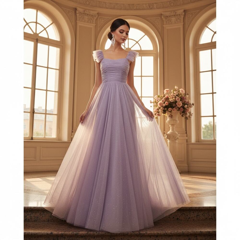 City Studio Lavender Shimmer Tulle Ruffle Strap Gown Size 3/4 – NWT